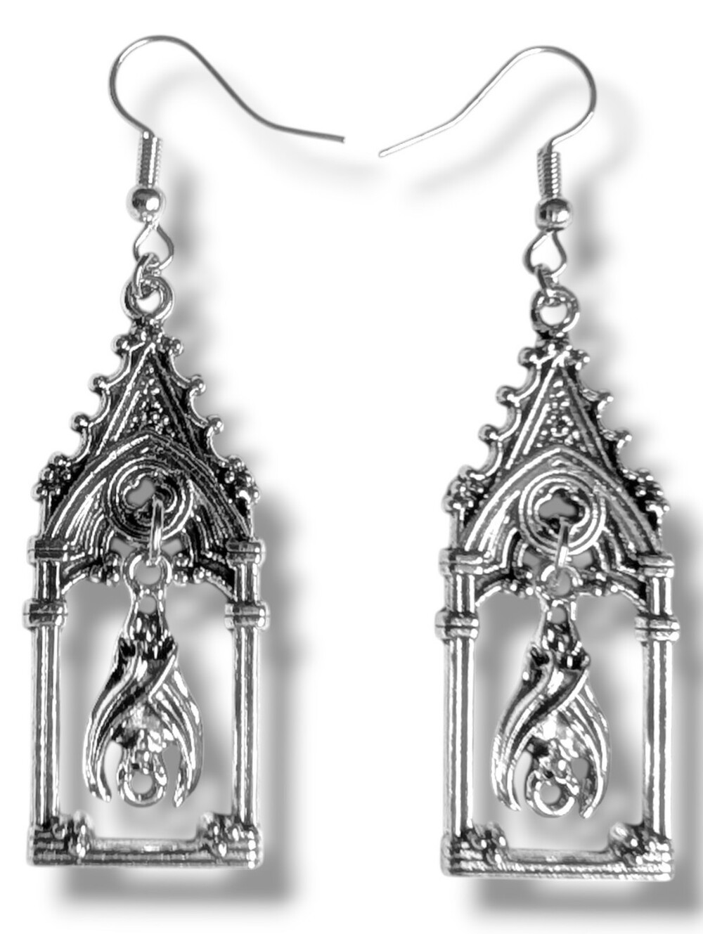 NWT Handmade Silver Cathedral Window and Hanging Bat Earrings